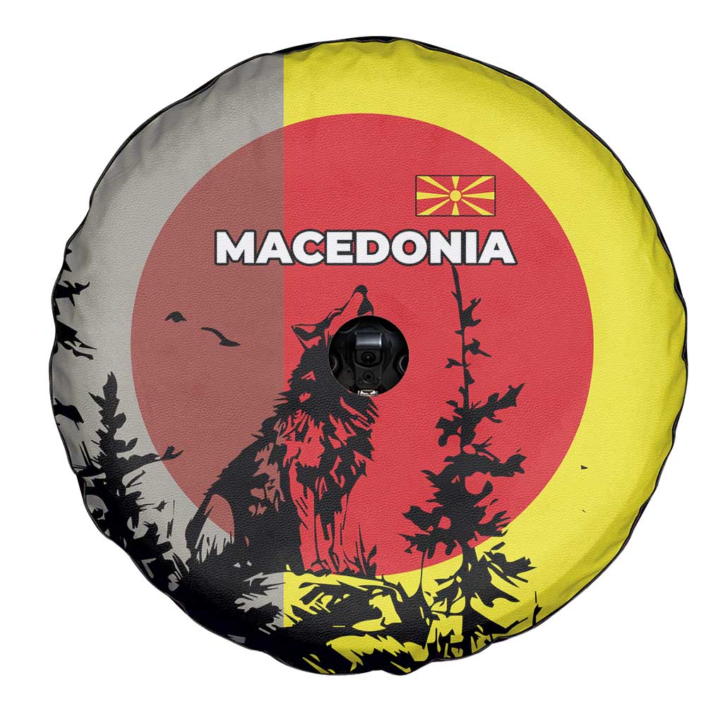 Macedonia Spare Tire Cover with Howling Wolf and Sunset Forest Design - Wonder Print Shop