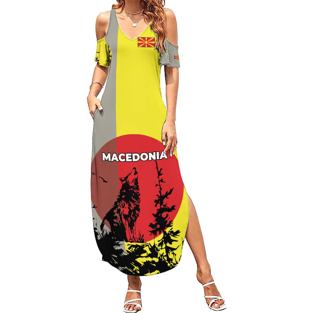 Macedonia Summer Maxi Dress with Howling Wolf and Sunset Forest Design - Wonder Print Shop