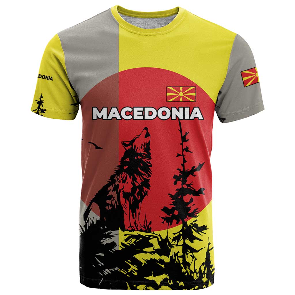 Macedonia T Shirt with Howling Wolf and Sunset Forest Design - Wonder Print Shop