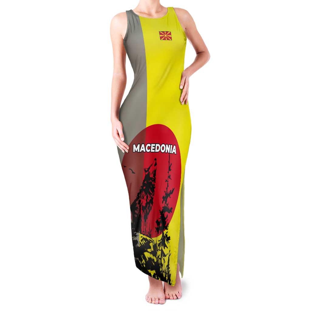 Macedonia Tank Maxi Dress with Howling Wolf and Sunset Forest Design - Wonder Print Shop