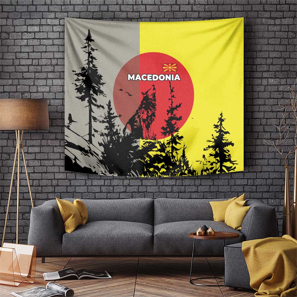 Macedonia Tapestry with Howling Wolf and Sunset Forest Design - Wonder Print Shop