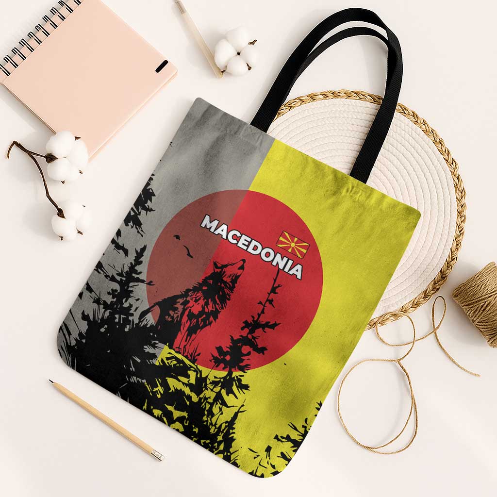 Macedonia Tote Bag with Howling Wolf and Sunset Forest Design - Wonder Print Shop