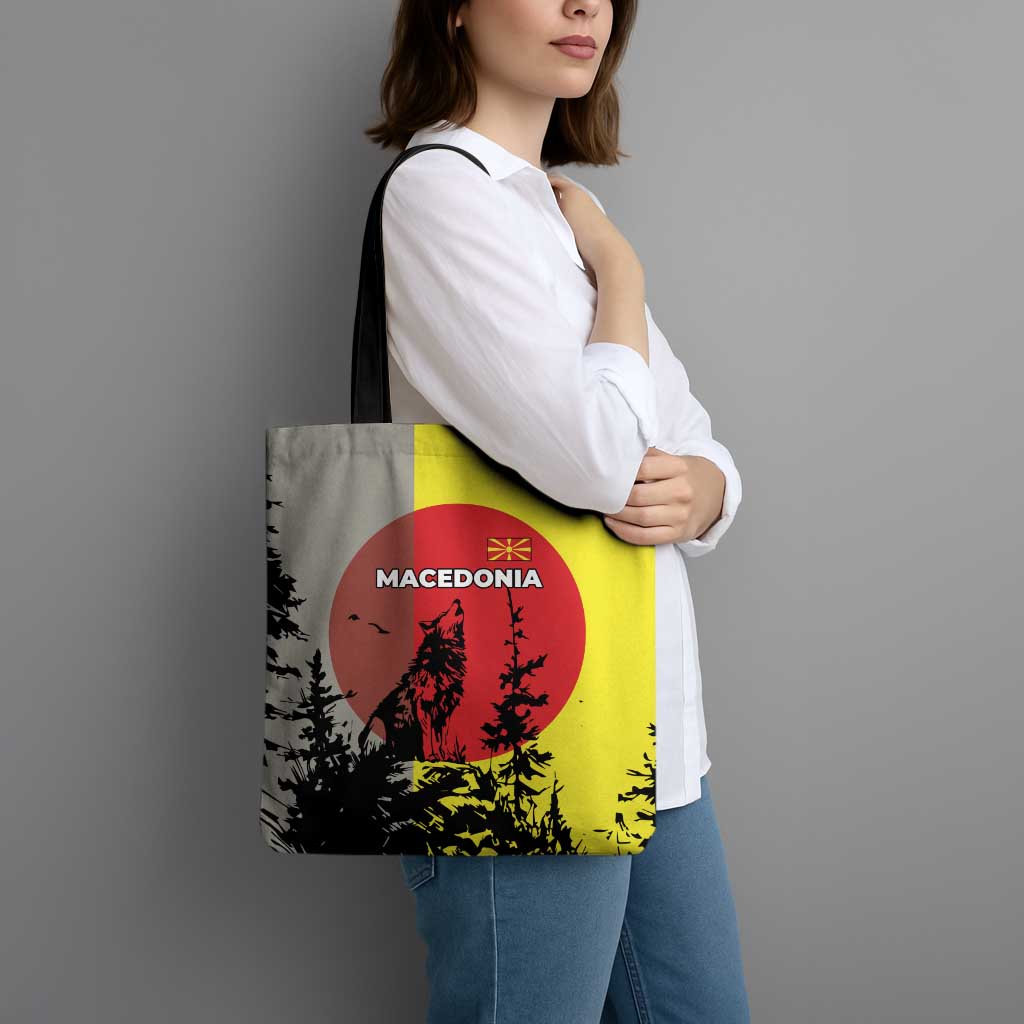 Macedonia Tote Bag with Howling Wolf and Sunset Forest Design - Wonder Print Shop