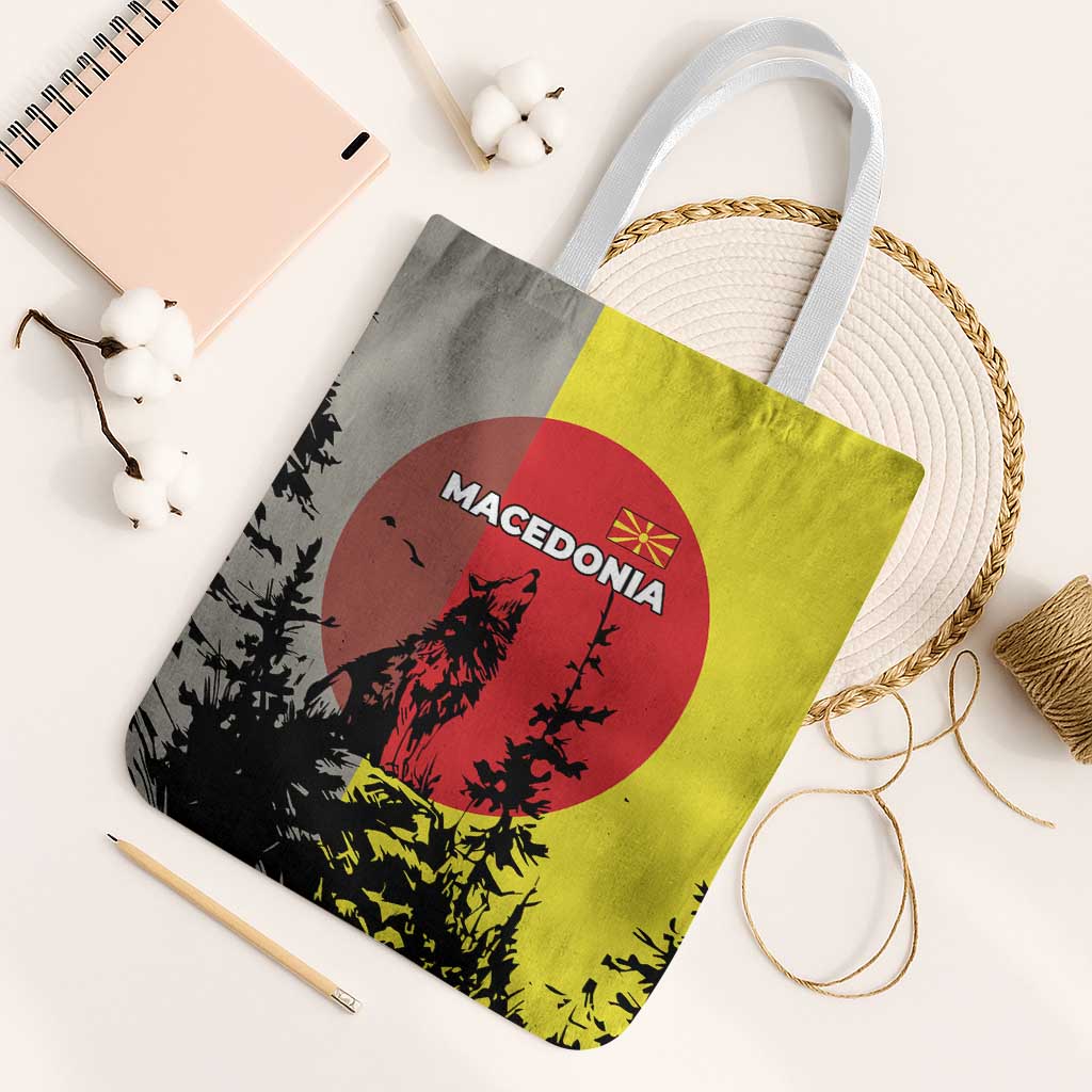 Macedonia Tote Bag with Howling Wolf and Sunset Forest Design - Wonder Print Shop