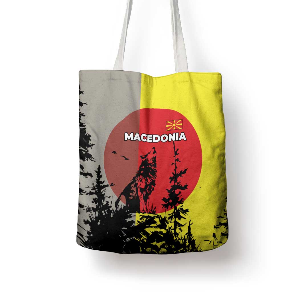 Macedonia Tote Bag with Howling Wolf and Sunset Forest Design - Wonder Print Shop
