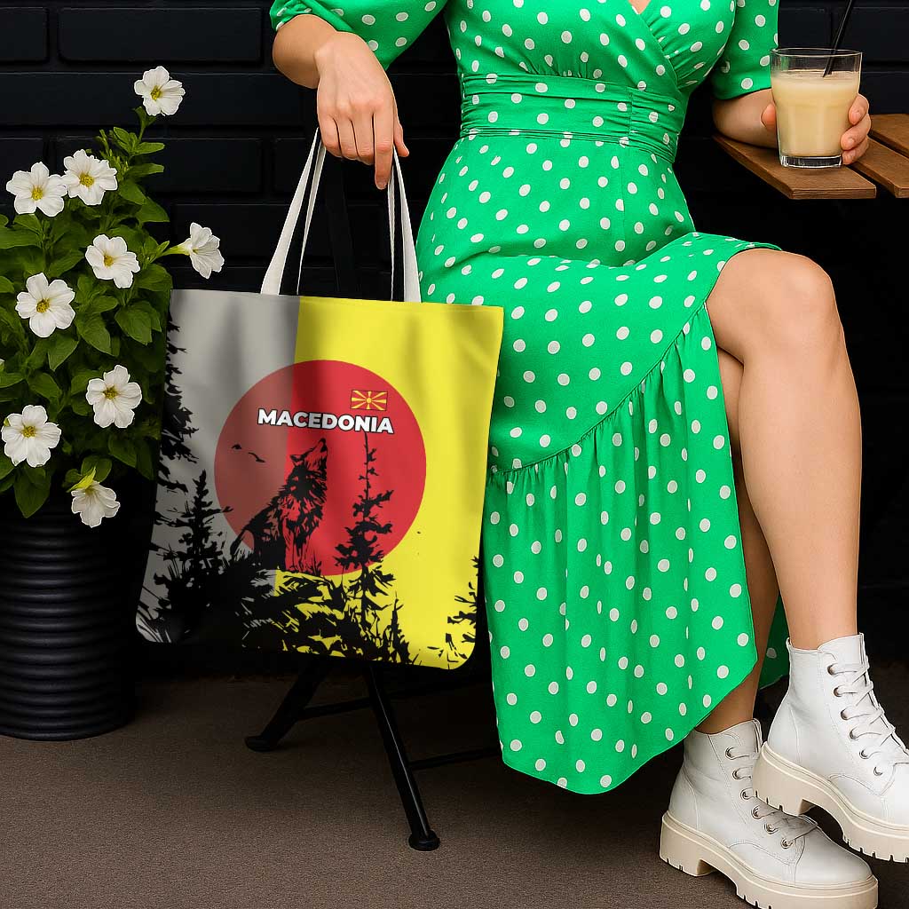 Macedonia Tote Bag with Howling Wolf and Sunset Forest Design - Wonder Print Shop