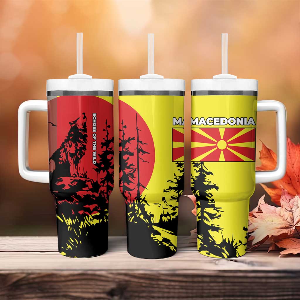Macedonia Tumbler With Handle with Howling Wolf and Sunset Forest Design - Wonder Print Shop