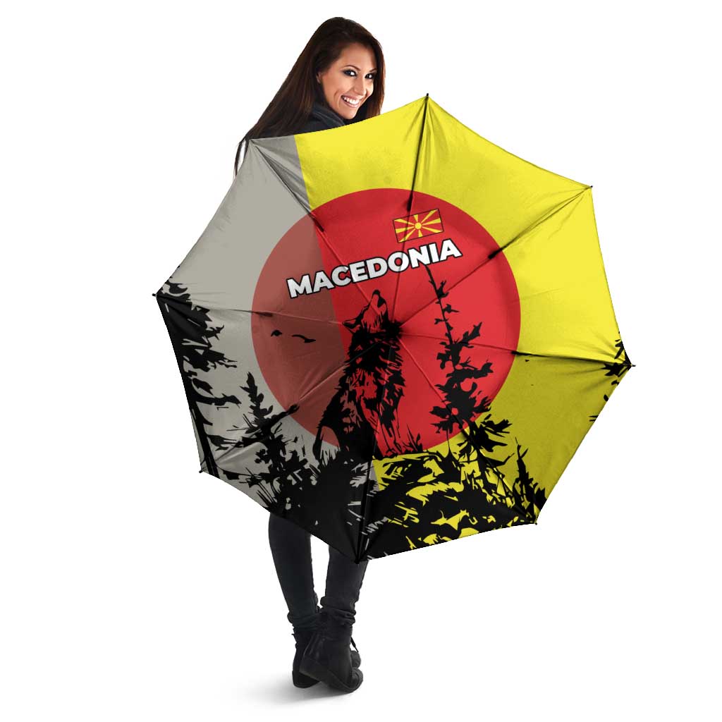 Macedonia Umbrella with Howling Wolf and Sunset Forest Design - Wonder Print Shop