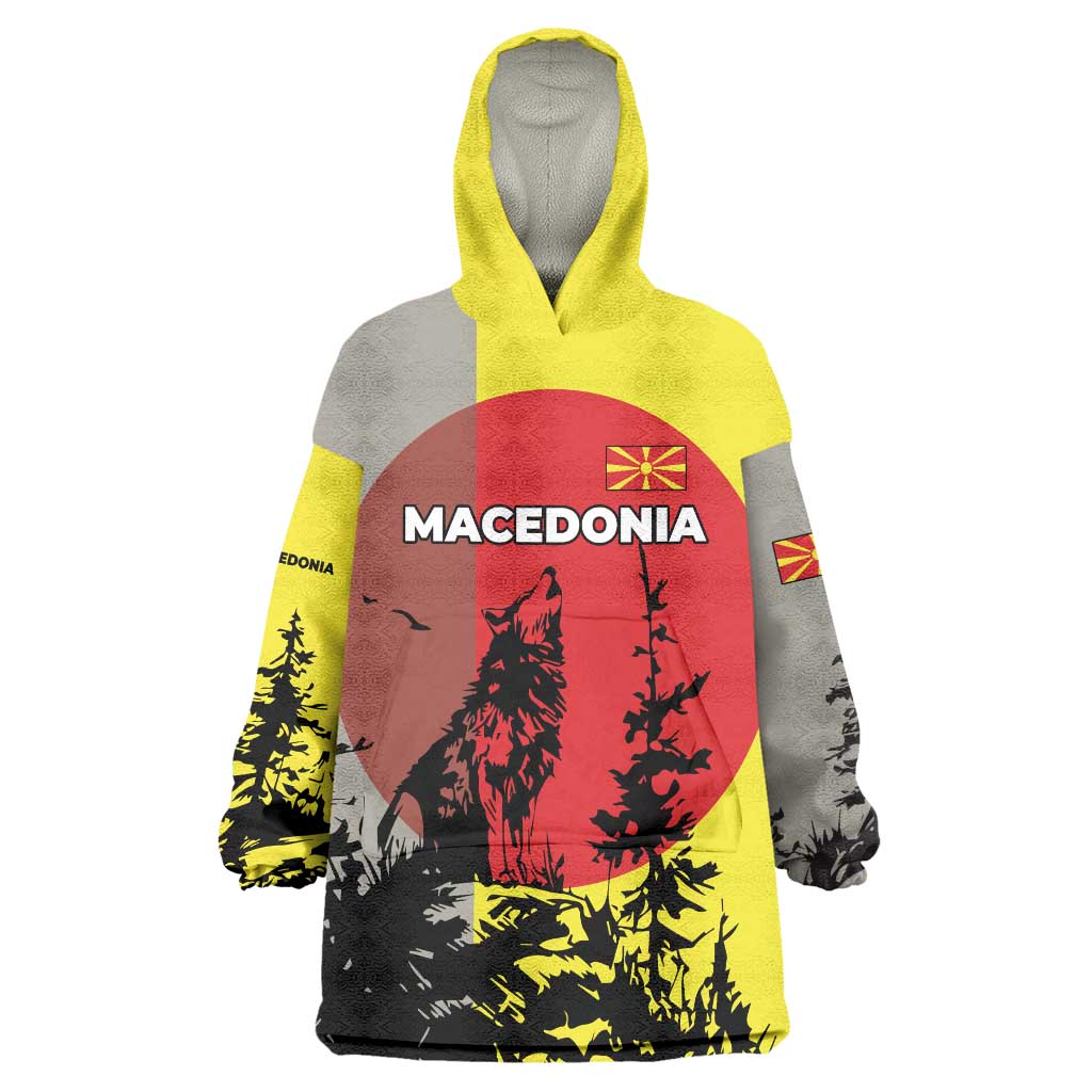 Macedonia Wearable Blanket Hoodie with Howling Wolf and Sunset Forest Design - Wonder Print Shop