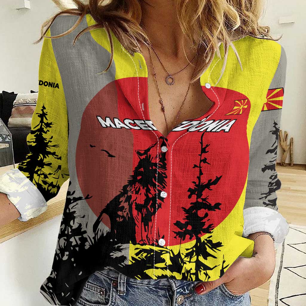 Macedonia Women Casual Shirt with Howling Wolf and Sunset Forest Design - Wonder Print Shop