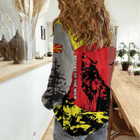 Macedonia Women Casual Shirt with Howling Wolf and Sunset Forest Design - Wonder Print Shop