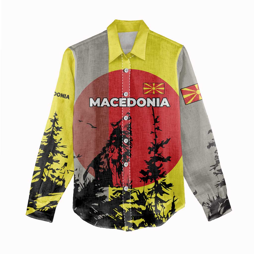 Macedonia Women Casual Shirt with Howling Wolf and Sunset Forest Design - Wonder Print Shop