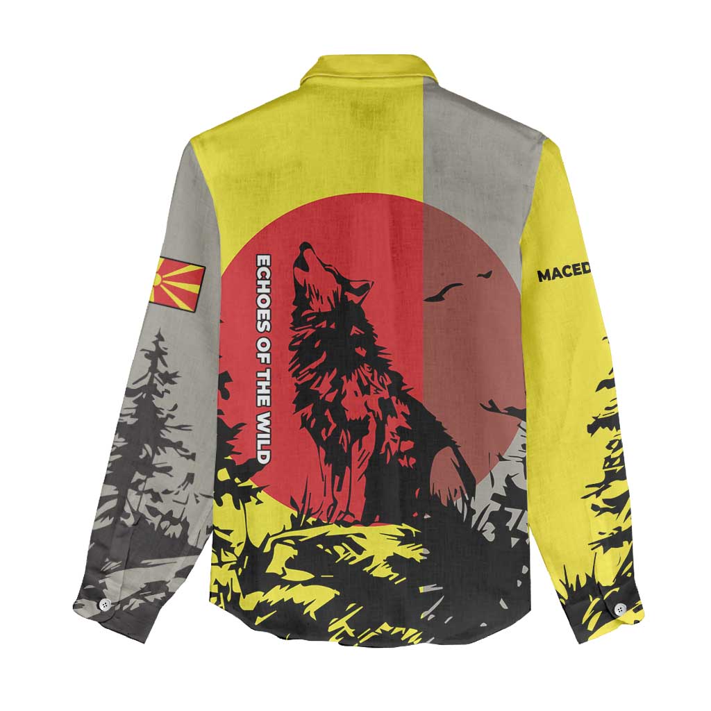 Macedonia Women Casual Shirt with Howling Wolf and Sunset Forest Design - Wonder Print Shop