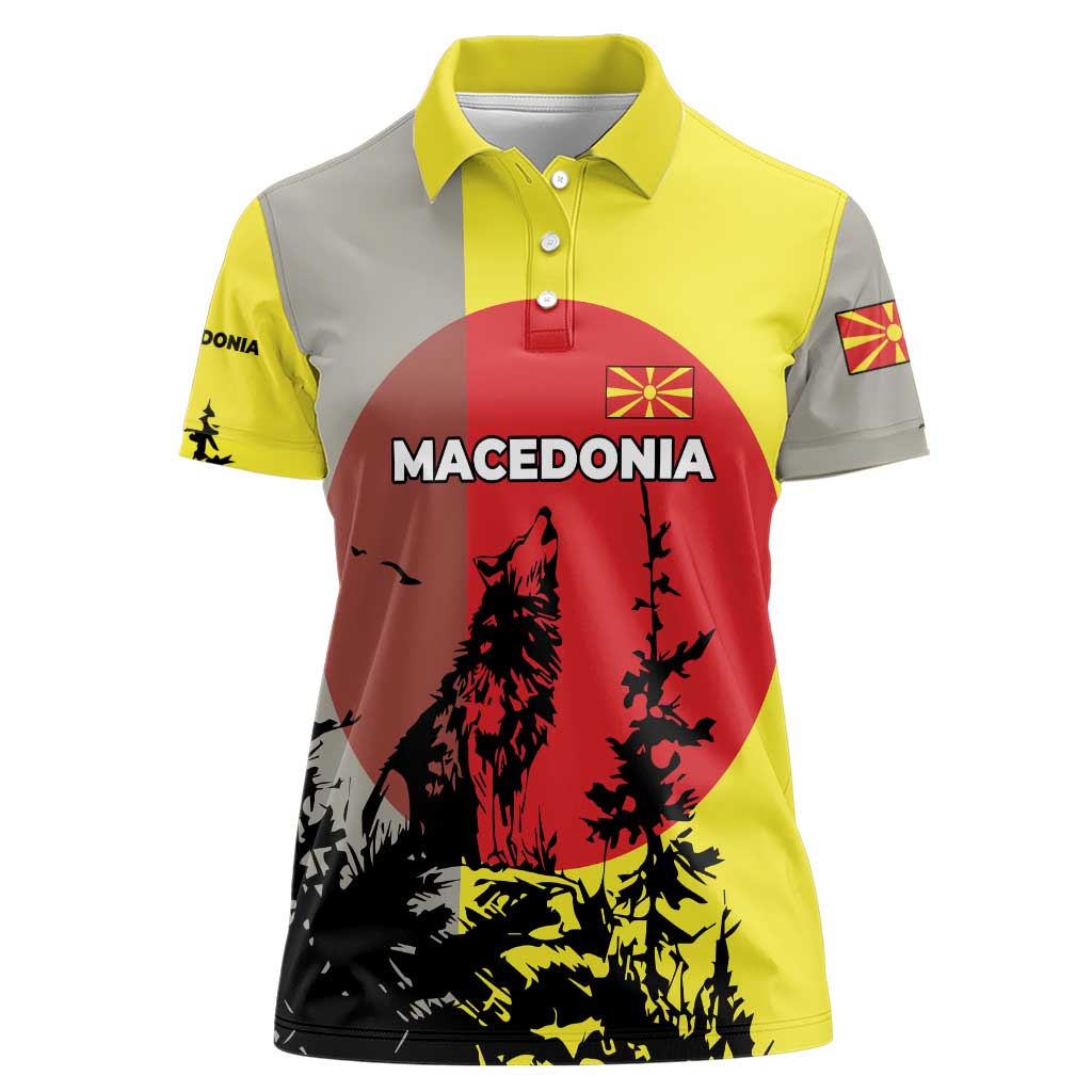 Macedonia Women Polo Shirt with Howling Wolf and Sunset Forest Design - Wonder Print Shop