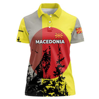Macedonia Women Polo Shirt with Howling Wolf and Sunset Forest Design - Wonder Print Shop