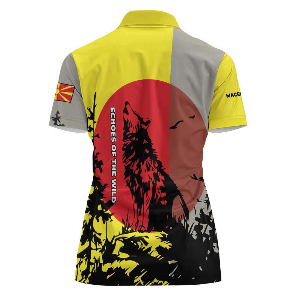 Macedonia Women Polo Shirt with Howling Wolf and Sunset Forest Design - Wonder Print Shop