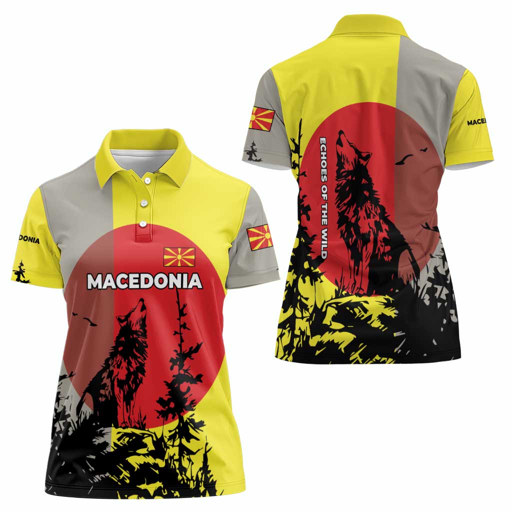 Macedonia Women Polo Shirt with Howling Wolf and Sunset Forest Design - Wonder Print Shop