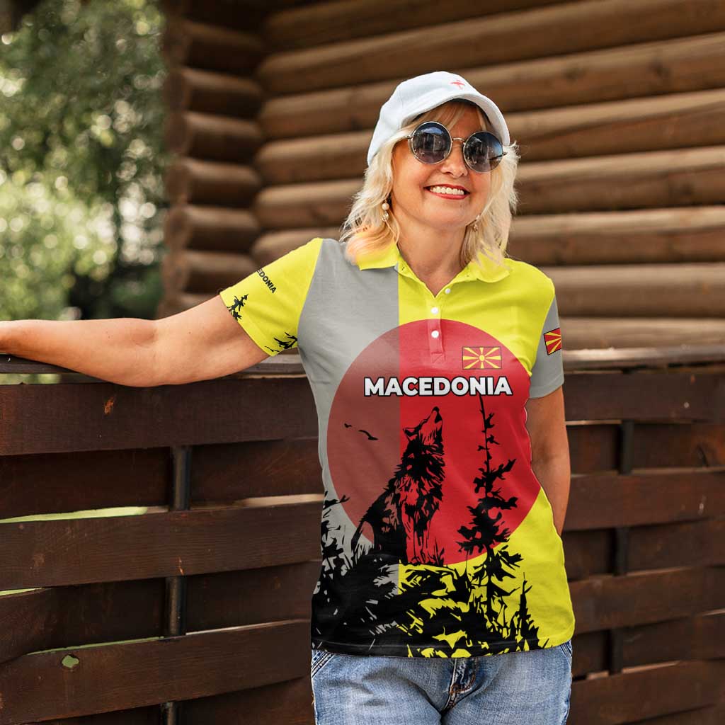Macedonia Women Polo Shirt with Howling Wolf and Sunset Forest Design - Wonder Print Shop