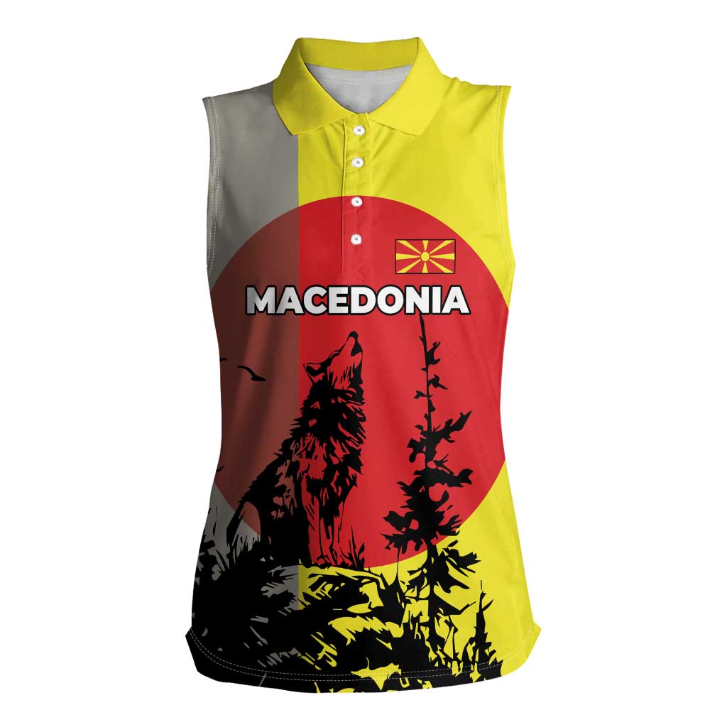 Macedonia Women Sleeveless Polo Shirt with Howling Wolf and Sunset Forest Design - Wonder Print Shop