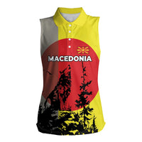 Macedonia Women Sleeveless Polo Shirt with Howling Wolf and Sunset Forest Design - Wonder Print Shop