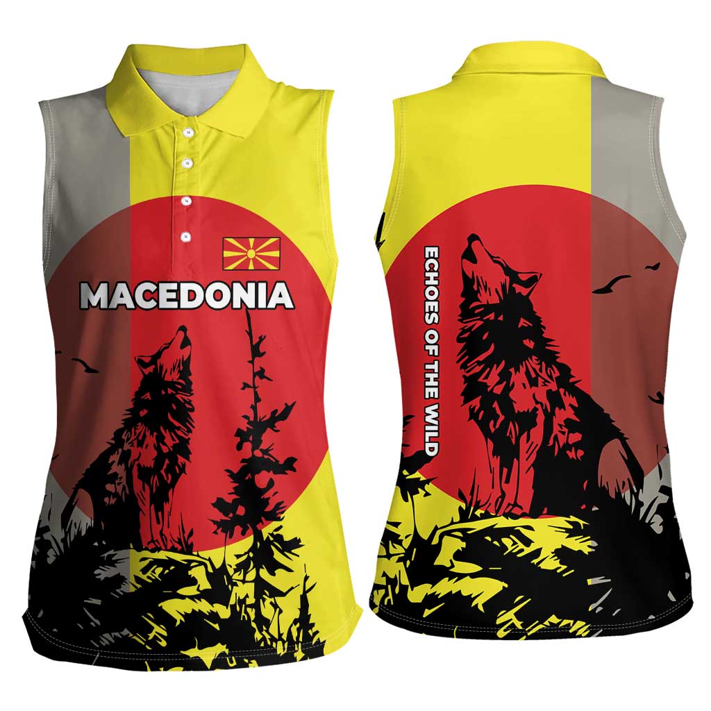 Macedonia Women Sleeveless Polo Shirt with Howling Wolf and Sunset Forest Design - Wonder Print Shop