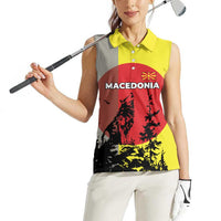 Macedonia Women Sleeveless Polo Shirt with Howling Wolf and Sunset Forest Design - Wonder Print Shop