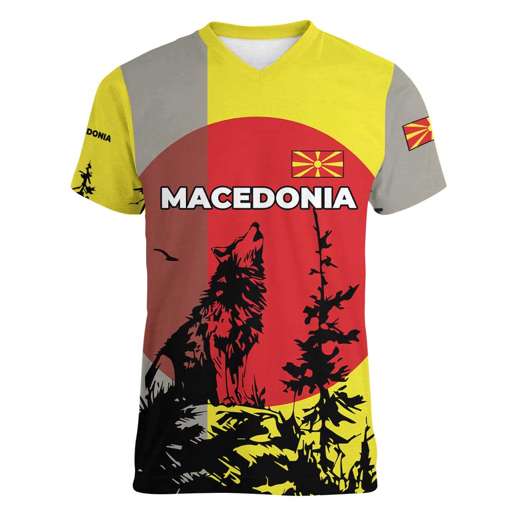 Macedonia Women V-Neck T-Shirt with Howling Wolf and Sunset Forest Design - Wonder Print Shop