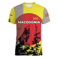 Macedonia Women V-Neck T-Shirt with Howling Wolf and Sunset Forest Design - Wonder Print Shop