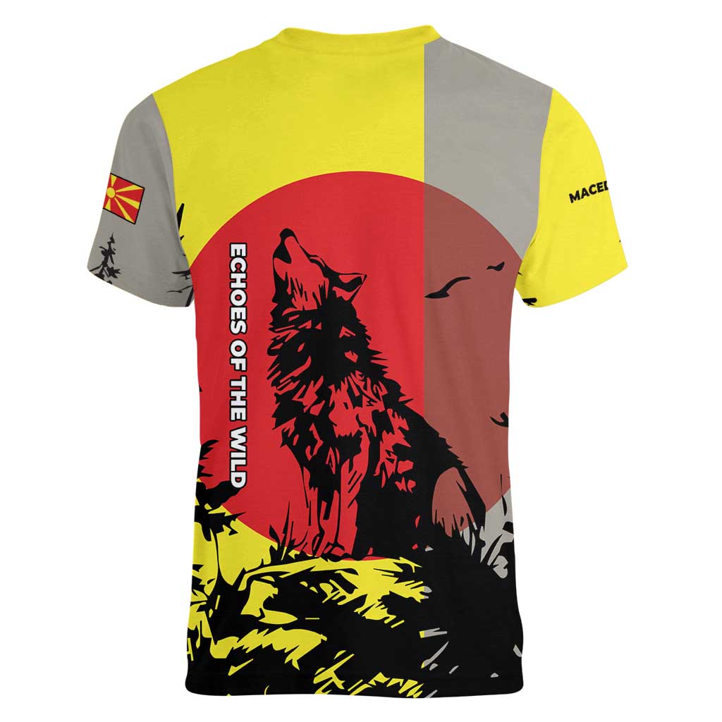 Macedonia Women V-Neck T-Shirt with Howling Wolf and Sunset Forest Design - Wonder Print Shop