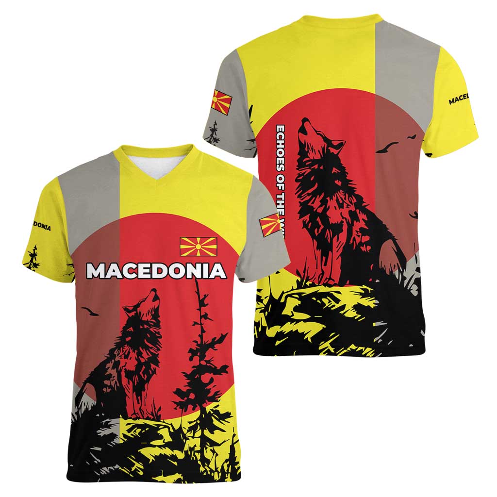 Macedonia Women V-Neck T-Shirt with Howling Wolf and Sunset Forest Design - Wonder Print Shop