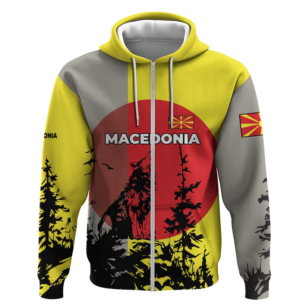 Macedonia Zip Hoodie with Howling Wolf and Sunset Forest Design - Wonder Print Shop