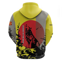 Macedonia Zip Hoodie with Howling Wolf and Sunset Forest Design - Wonder Print Shop