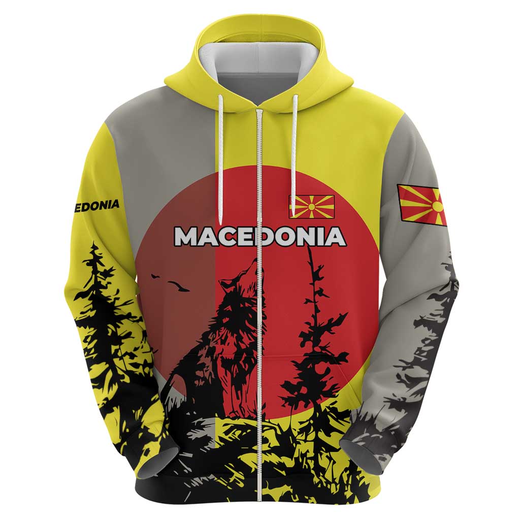Macedonia Zip Hoodie with Howling Wolf and Sunset Forest Design - Wonder Print Shop