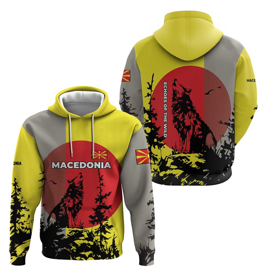 Macedonia Zip Hoodie with Howling Wolf and Sunset Forest Design - Wonder Print Shop