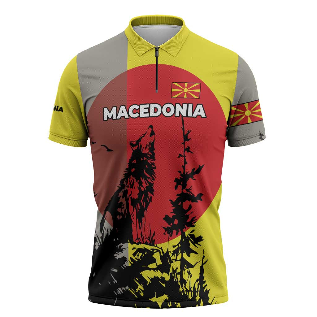 Macedonia Zipper Polo Shirt with Howling Wolf and Sunset Forest Design - Wonder Print Shop