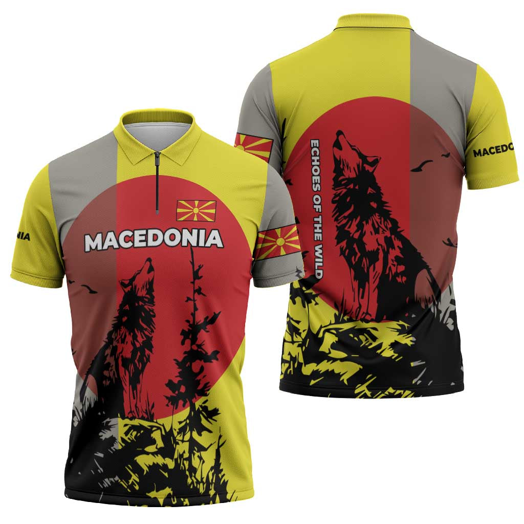 Macedonia Zipper Polo Shirt with Howling Wolf and Sunset Forest Design - Wonder Print Shop