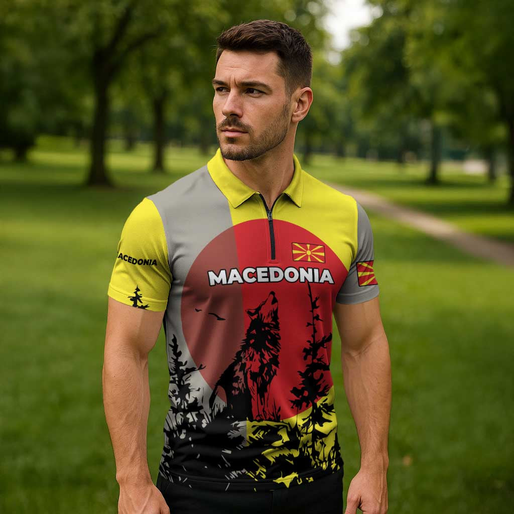 Macedonia Zipper Polo Shirt with Howling Wolf and Sunset Forest Design - Wonder Print Shop