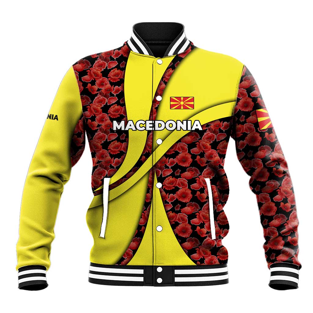 Macedonia Baseball Jacket with Red Poppy Flower and Curved Panel Design - Wonder Print Shop
