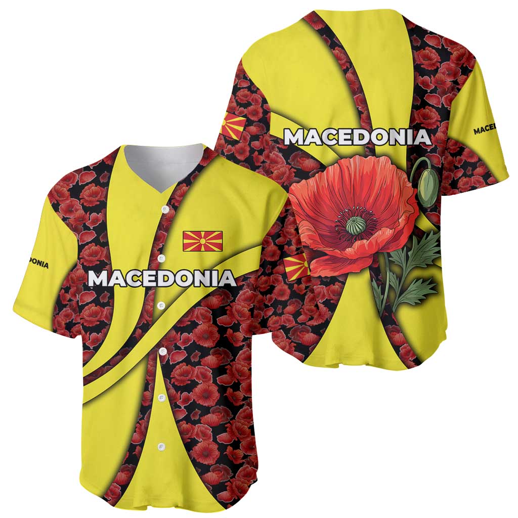 Macedonia Baseball Jersey with Red Poppy Flower and Curved Panel Design - Wonder Print Shop