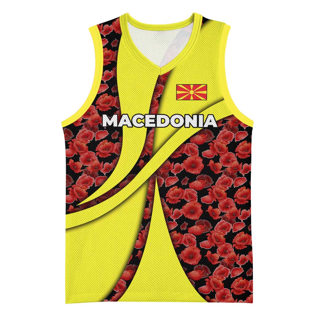 Macedonia Basketball Jersey with Red Poppy Flower and Curved Panel Design - Wonder Print Shop