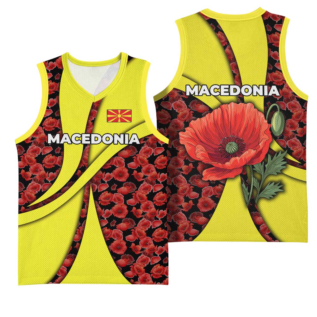 Macedonia Basketball Jersey with Red Poppy Flower and Curved Panel Design - Wonder Print Shop
