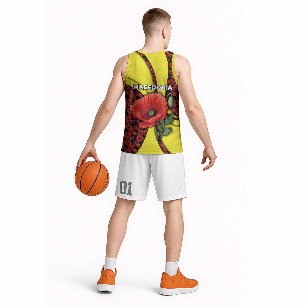 Macedonia Basketball Jersey with Red Poppy Flower and Curved Panel Design - Wonder Print Shop
