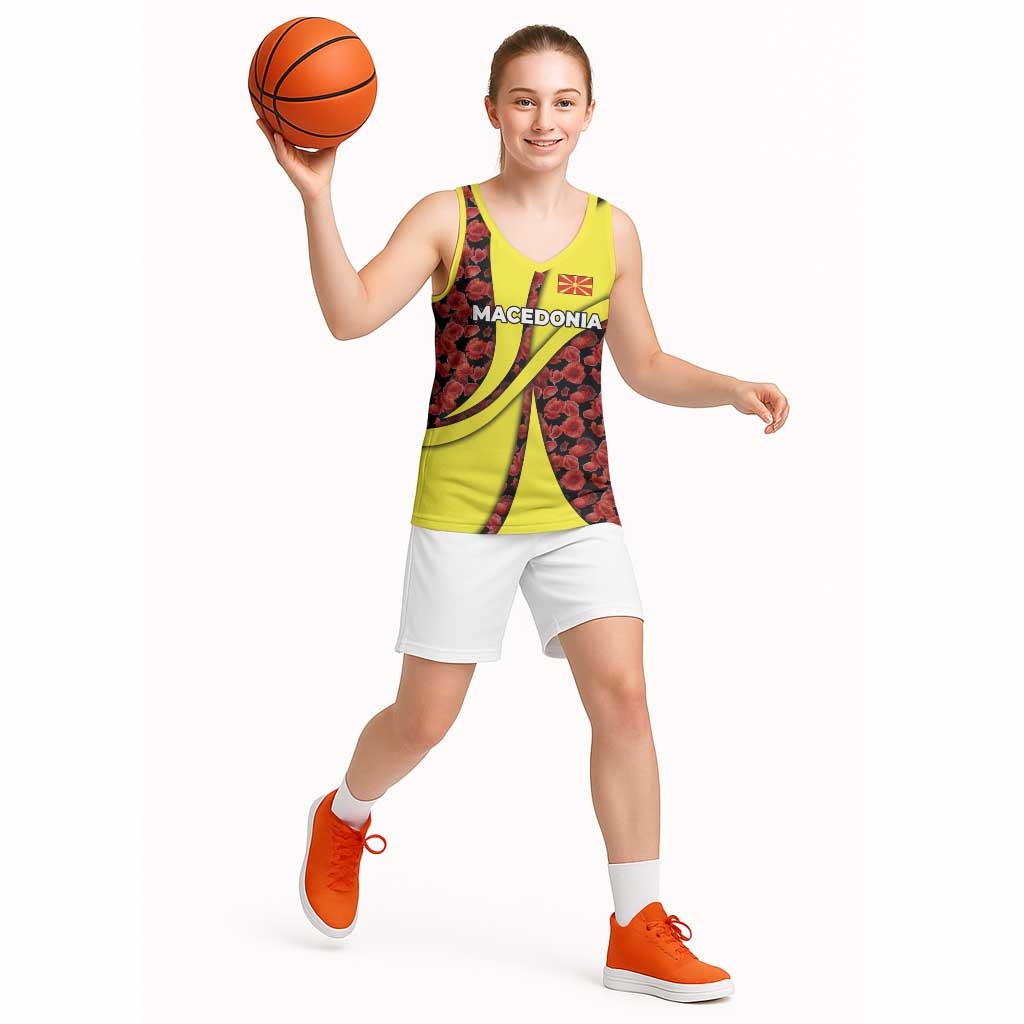 Macedonia Basketball Jersey with Red Poppy Flower and Curved Panel Design - Wonder Print Shop