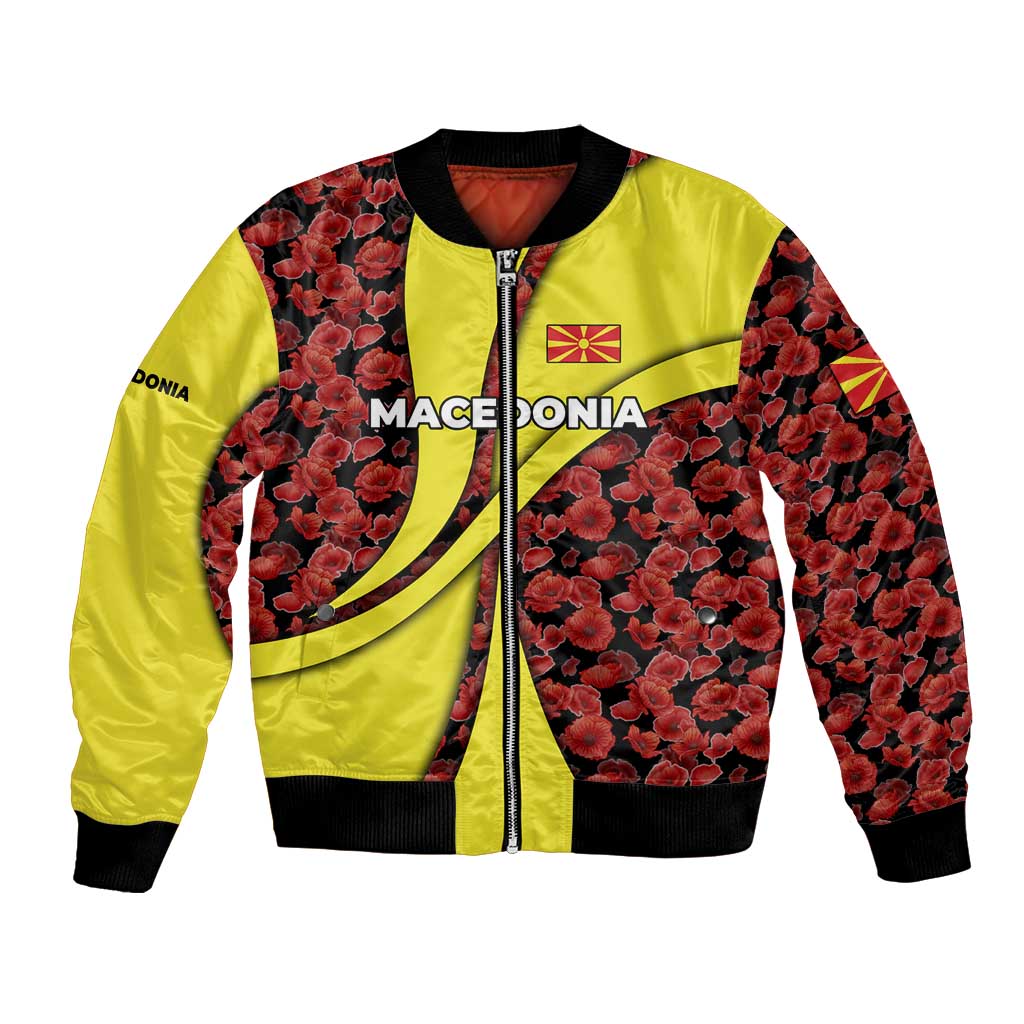 Macedonia Bomber Jacket with Red Poppy Flower and Curved Panel Design - Wonder Print Shop