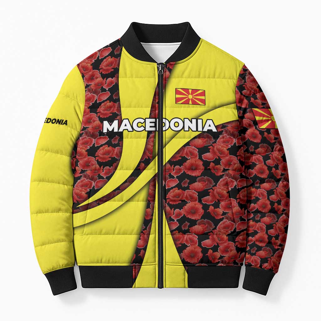 Macedonia Bomber Puffer Jacket with Red Poppy Flower and Curved Panel Design - Wonder Print Shop