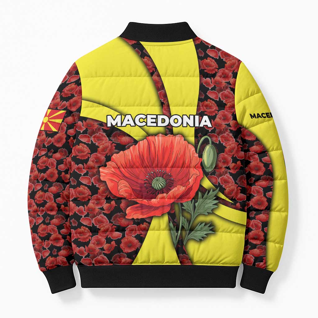 Macedonia Bomber Puffer Jacket with Red Poppy Flower and Curved Panel Design - Wonder Print Shop