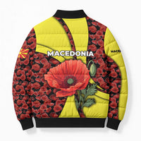 Macedonia Bomber Puffer Jacket with Red Poppy Flower and Curved Panel Design - Wonder Print Shop