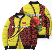 Macedonia Bomber Puffer Jacket with Red Poppy Flower and Curved Panel Design - Wonder Print Shop