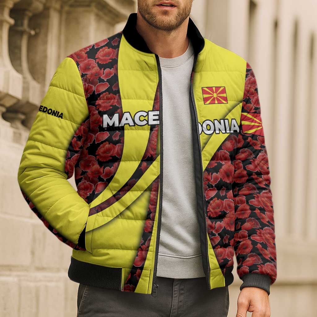 Macedonia Bomber Puffer Jacket with Red Poppy Flower and Curved Panel Design - Wonder Print Shop