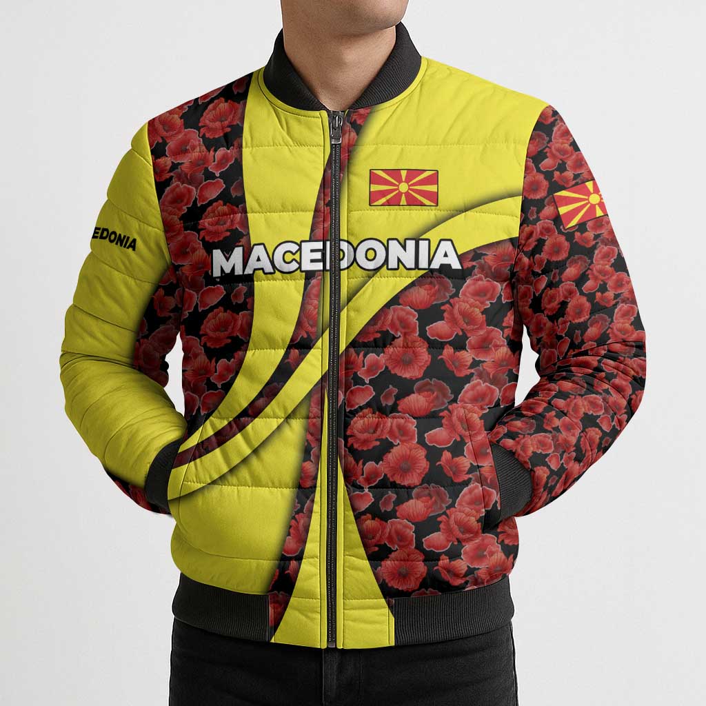 Macedonia Bomber Puffer Jacket with Red Poppy Flower and Curved Panel Design - Wonder Print Shop